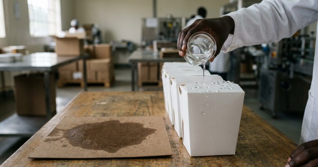 Technician pouring water onto white coated paperboard cartons while water beads off them, next to a plain brown board soaked with water