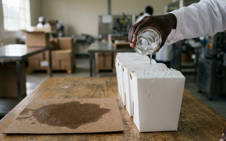 Technician pouring water onto white coated paperboard cartons while water beads off them, next to a plain brown board soaked with water