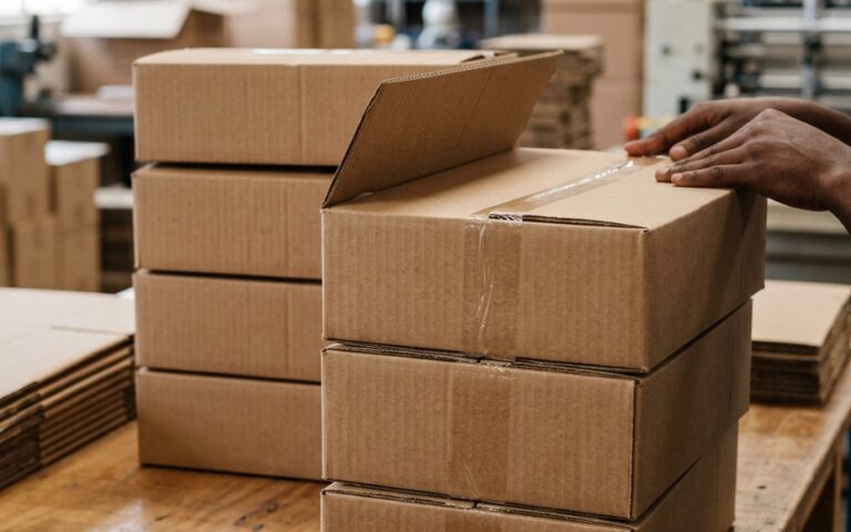 Stacked cardboard cartons on a packing table with a flap being pressed down after gluing