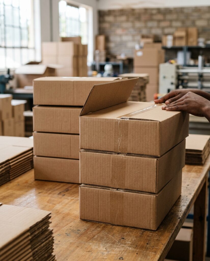 Stacked cardboard cartons on a packing table with a flap being pressed down after gluing