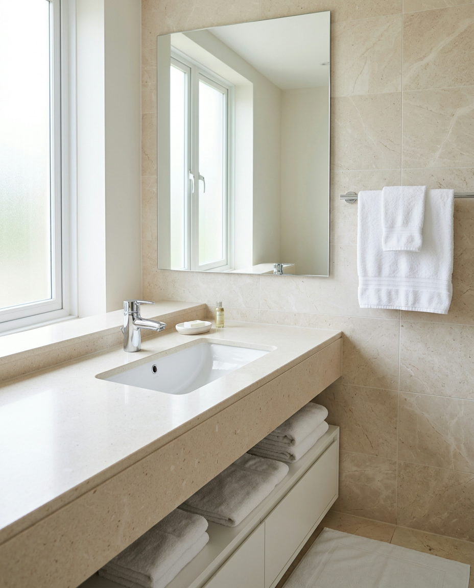 Bright hotel washroom with a clean white sink