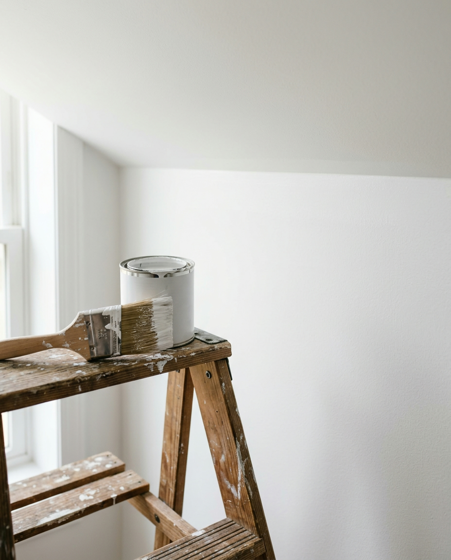 Freshly painted white wall with a crisp straight edge and an angled brush