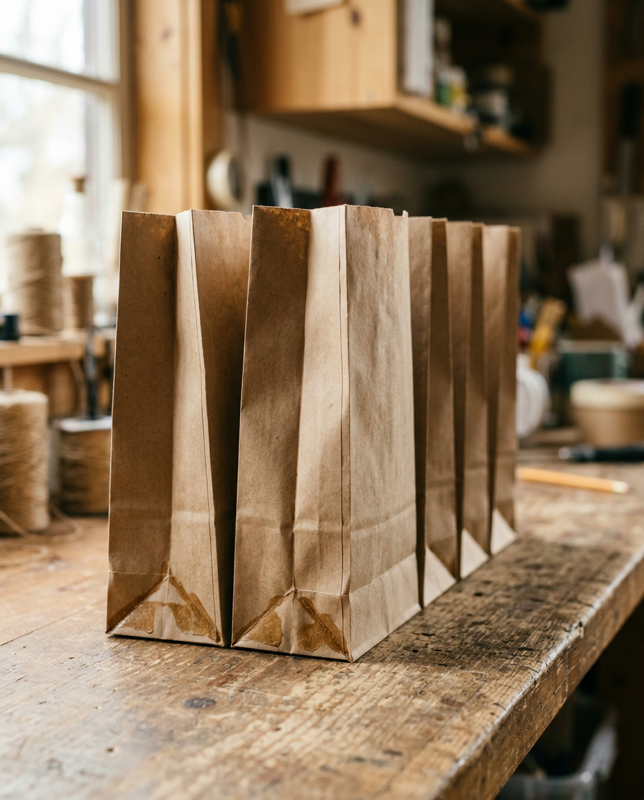 Row of kraft paper bags with glued seams on a workshop bench
