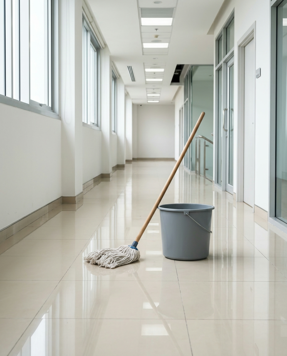 Mop and bucket on a clean tiled office corridor floor