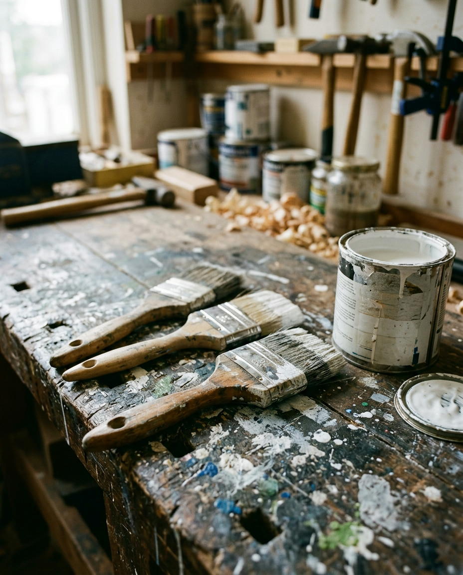 Three flat paint brushes beside an open tin of white paint on a workbench