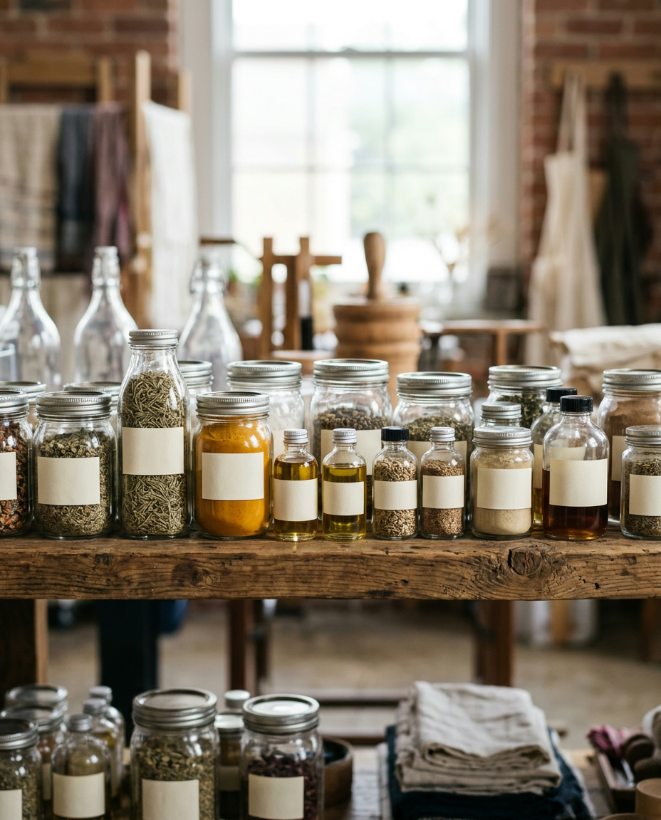 Glass jars and bottles with neat paper labels on a shelf