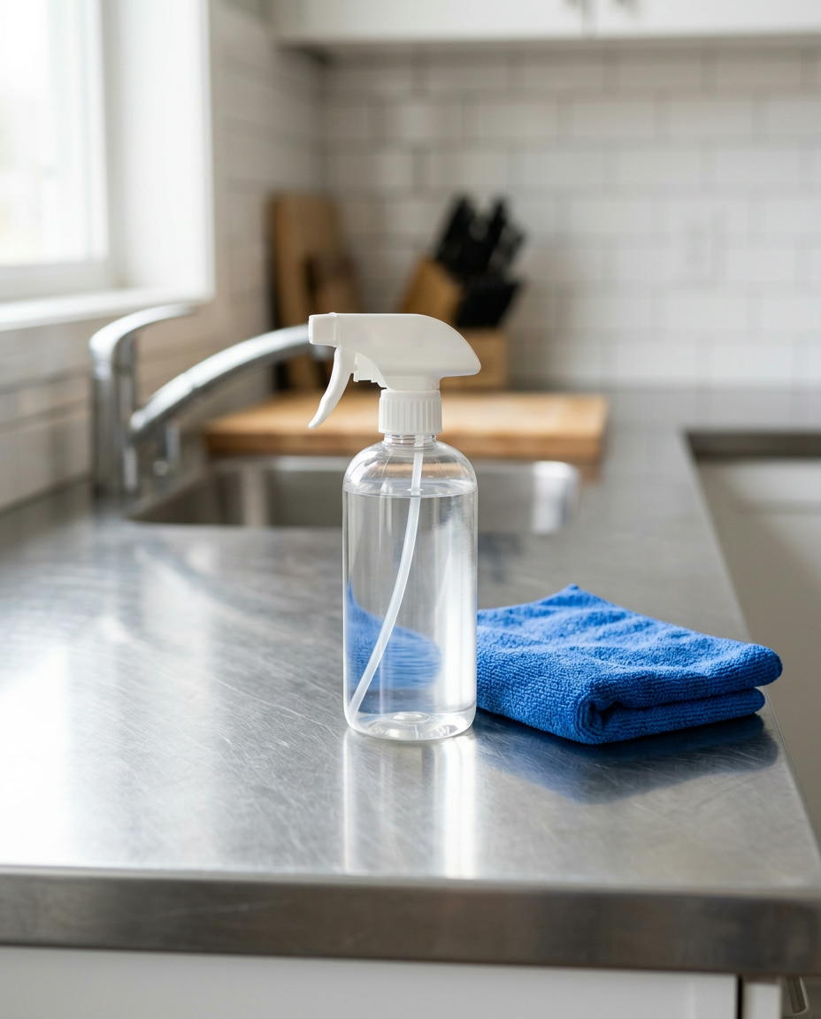 Spray bottle and microfibre cloth on a clean steel counter