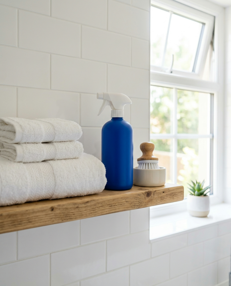 Tidy bathroom shelf with towels and cleaning supplies