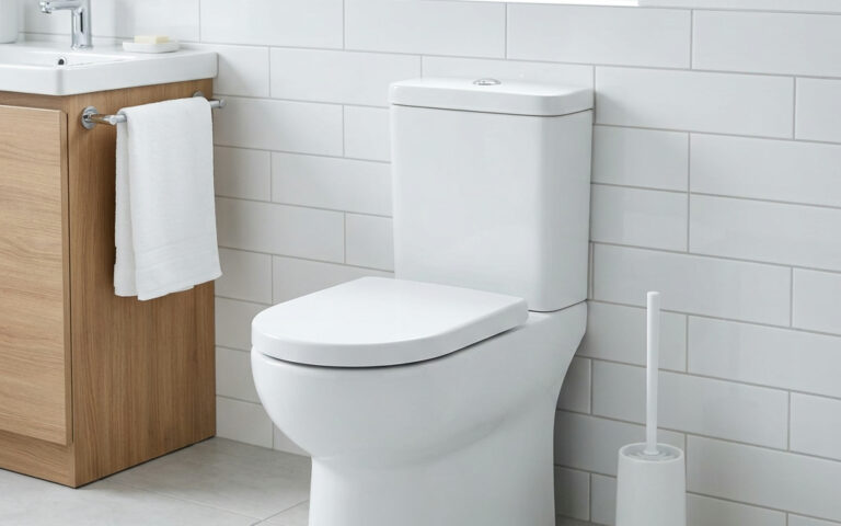 Clean bathroom with toilet cleaning supplies