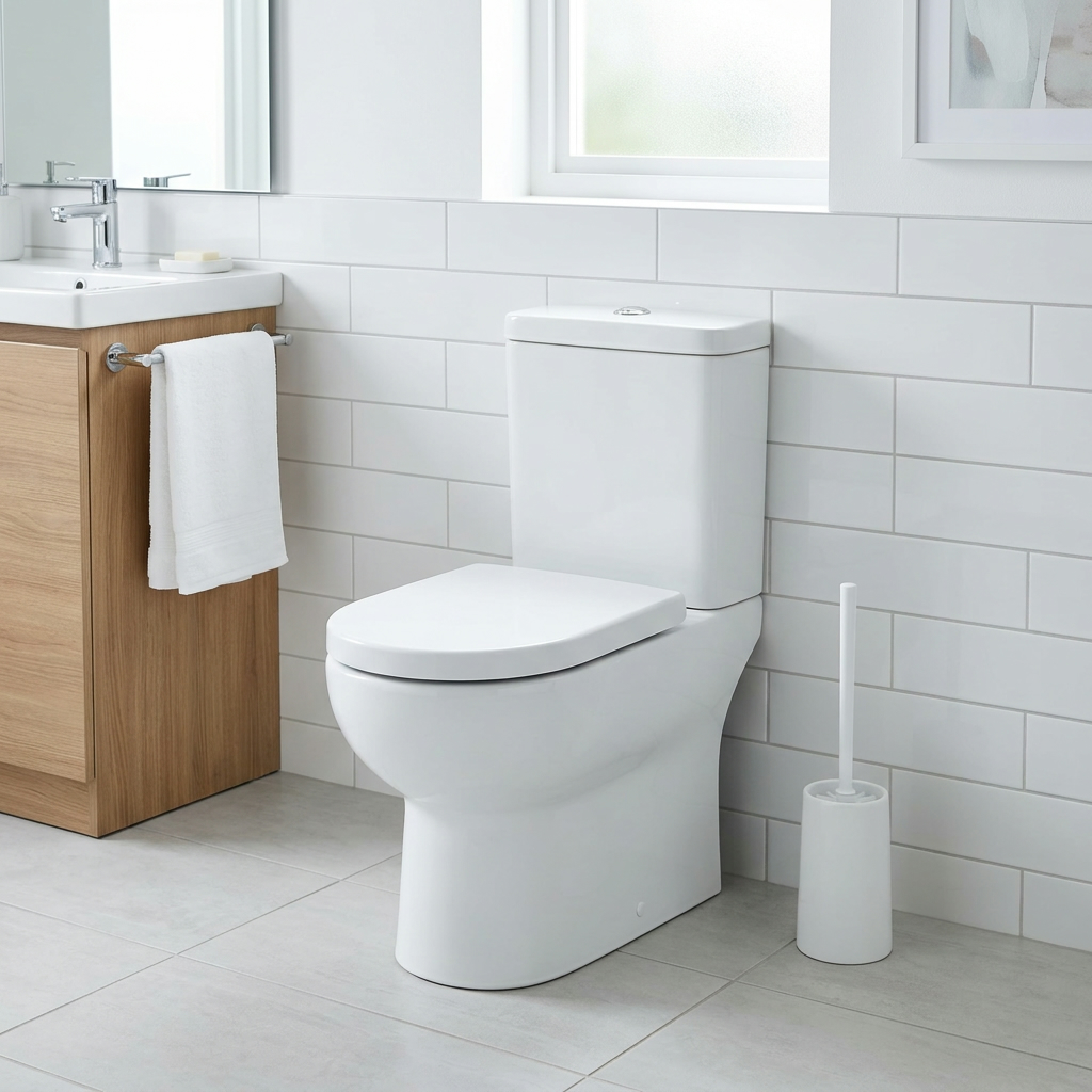 Clean bathroom with toilet cleaning supplies