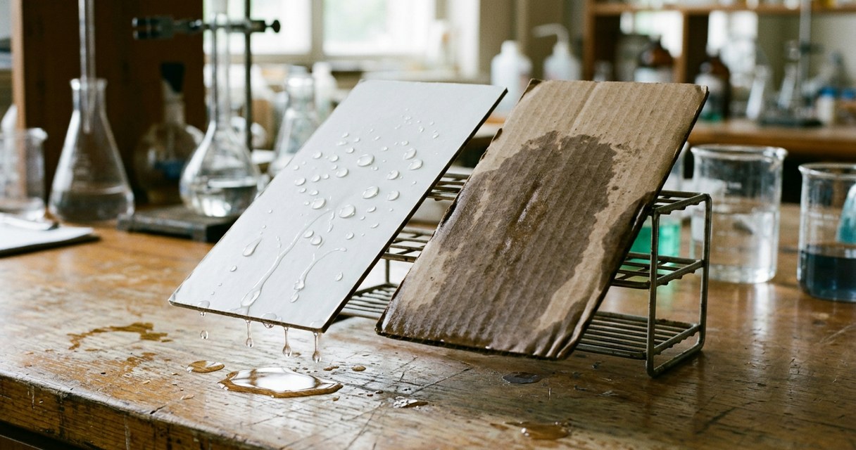 Coated white board propped at an angle with water dripping off, next to a plain brown board that has soaked up water