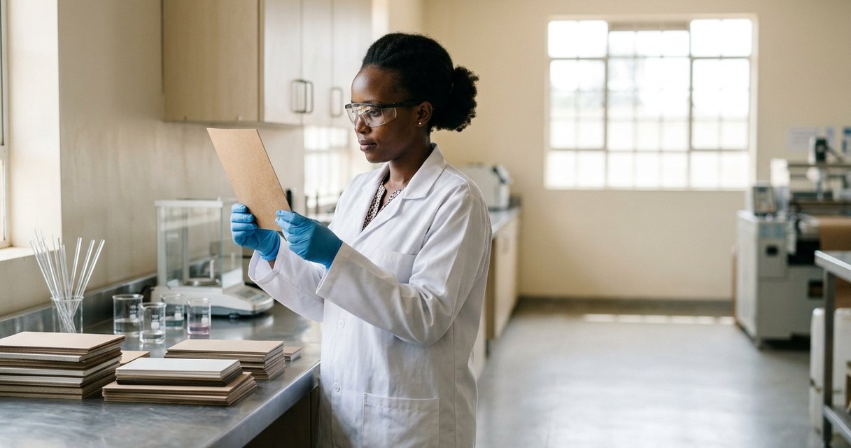 Quality control technician testing coated paperboard samples in a lab in Kenya