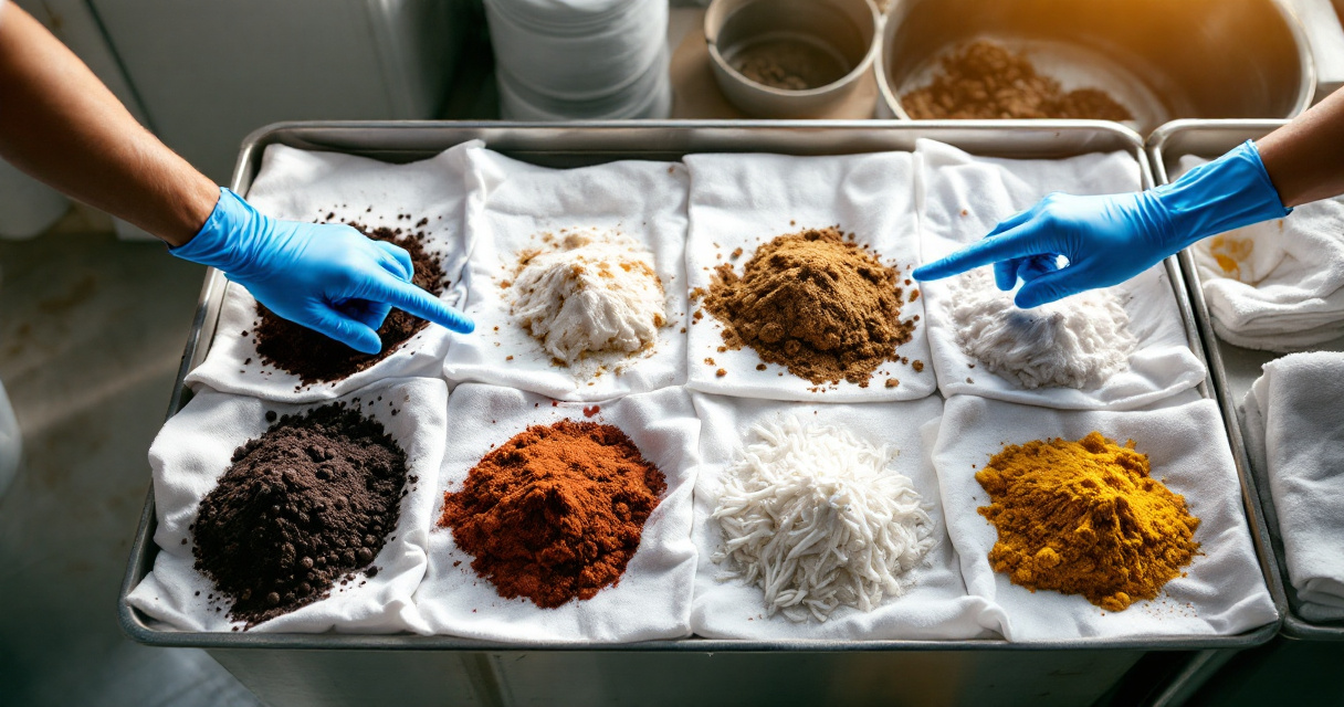Hotel linens sorted by stain type for different housekeeping treatment methods
