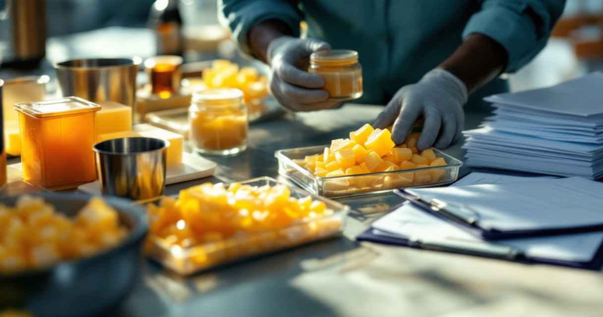 Buyer evaluating industrial wax samples and supplier documentation in a quality lab