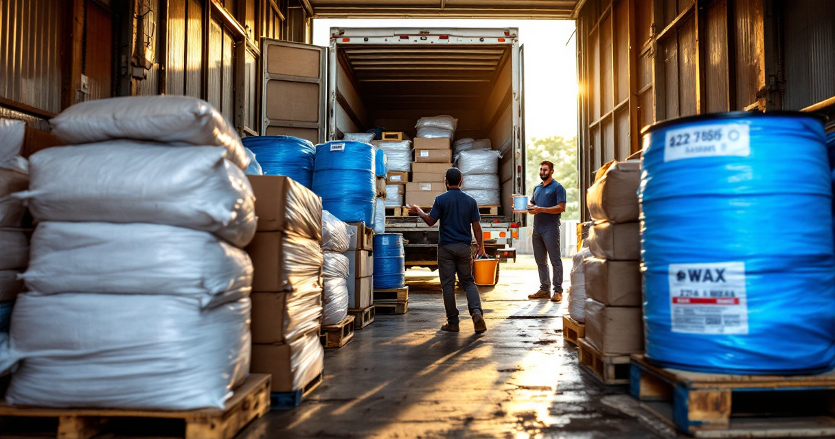 Packaged industrial wax orders prepared for delivery with support at a Nairobi dispatch bay