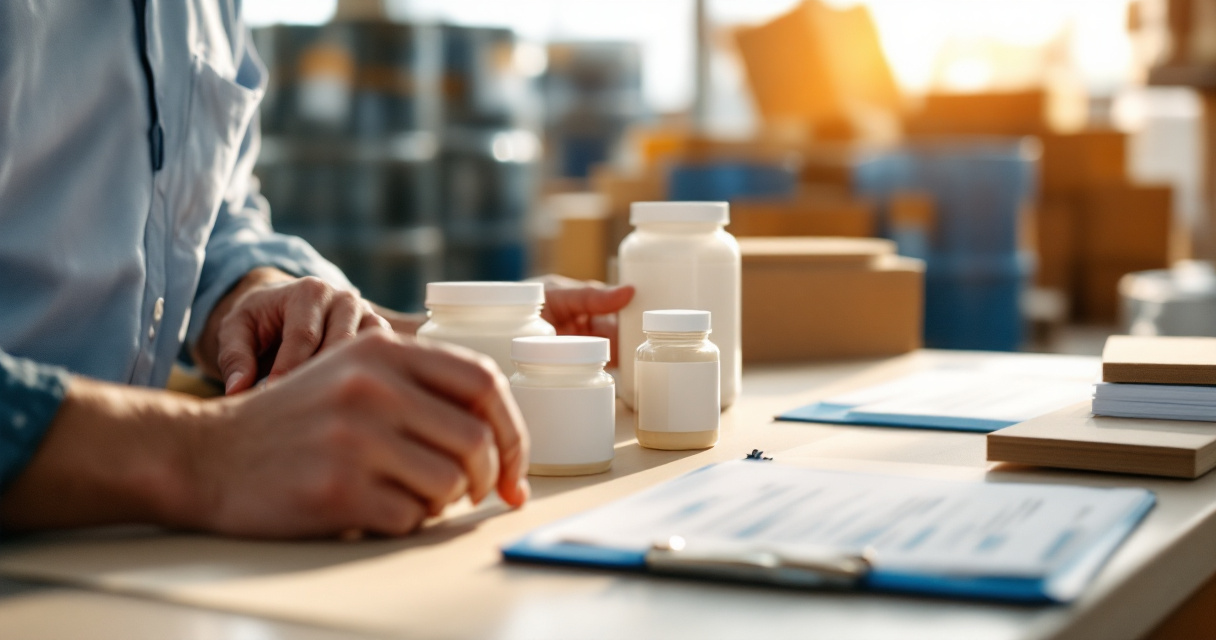 Hands evaluating packaging adhesive samples and bonded board in a Kenyan factory