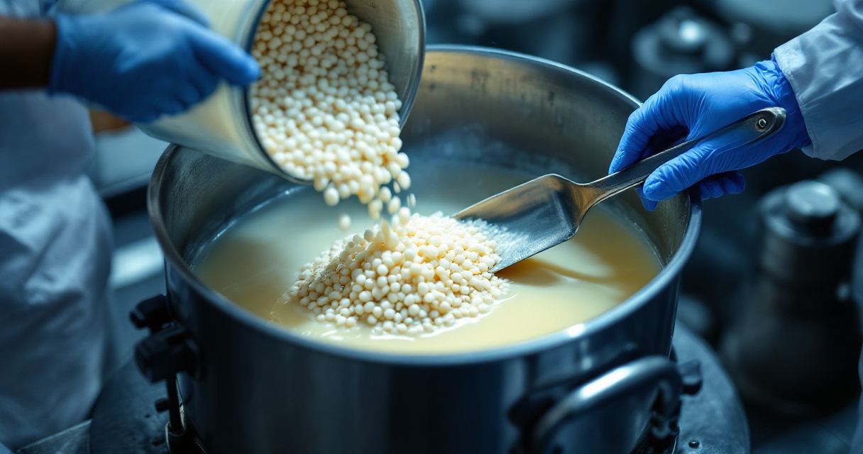 Paraffin and microcrystalline wax being blended in a controlled industrial mixing vessel